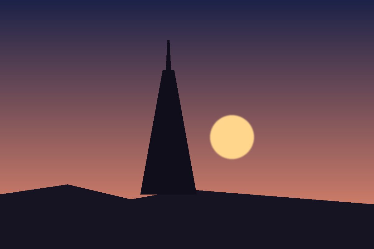 The sample photo: a tower silhouetted against a sunset sky